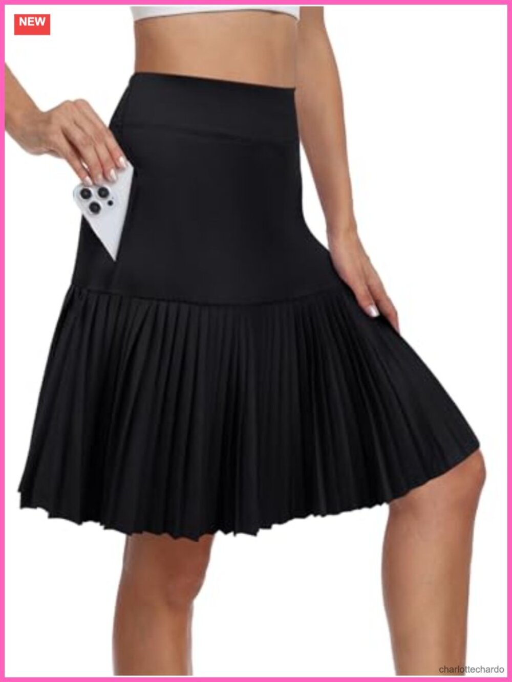 Pleated Athletic Skort with Pockets, Knee Length, Built-in Shorts, Moisture